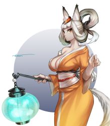 Rule 34 | 1girl, animal ear fluff, animal ears, black ribbon, blunt bangs, breasts, center opening, cleavage, cowboy shot, expressionless, folded ponytail, fox ears, fox girl, fox tail, from side, gradient background, hair rings, highres, japanese clothes, kimono, kongiku, lantern, large breasts, layered clothes, layered kimono, leaf, leaf on head, lips, long hair, narrow waist, no bra, nose, obi, oboro muramasa, off shoulder, open clothes, open kimono, orange eyes, orange kimono, otonaru, paper lantern, puckered lips, ribbon, sash, sidelocks, sideways glance, signature, simple background, solo, tail, tsurime, white hair, white sash, wide hips, wide sleeves