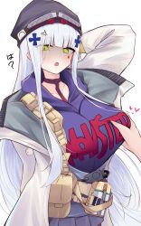 Rule 34 | 1girl, absurdres, anger vein, angry, arm behind head, arms up, breasts, clukay (neural cloud), facial hair, girls&#039; frontline, girls&#039; frontline neural cloud, grabbing, grabbing another&#039;s breast, green eyes, hair ornament, hat, highres, hk416 (girls&#039; frontline), jacket, large breasts, long hair, ohichi16, open mouth, shaded face, solo, upper body