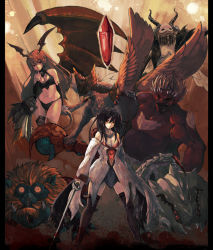 Rule 34 | 2girls, bare shoulders, black hair, boots, breasts, character request, cleavage, crystal, demon, demon girl, detached sleeves, elbow gloves, gloves, jar, long hair, lord of vermilion, midriff, milcoco, monster, multiple girls, navel, pointy ears, red eyes, red hair, single wing, demon girl, succubus (lord of vermilion), sword, tail, thigh boots, thighhighs, weapon, wings
