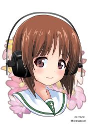 Rule 34 | 10s, 1girl, brown eyes, brown hair, closed mouth, commentary request, cropped neck, dated, floral background, flower, flower request, girls und panzer, headphones, highres, long hair, looking at viewer, nishizumi miho, one-hour drawing challenge, ooarai school uniform, portrait, school uniform, serafuku, shiina excel, short hair, smile, solo, twitter username, white background