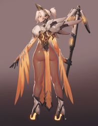 Rule 34 | 1girl, ass, bodysuit, brown eyes, from behind, halo, high heels, highres, instant ip, legs, looking back, mechanical halo, mechanical wings, mercy (overwatch), overwatch, overwatch 1, ponytail, short hair, solo, staff, thighs, white hair, wings