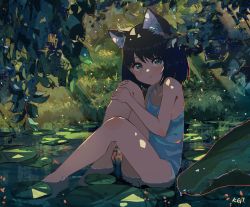 Rule 34 | 1girl, :o, animal ear fluff, animal ears, bare legs, bare shoulders, barefoot, black hair, blush, cat ears, commentary, english commentary, forest, highres, kgt (pixiv12957613), leg up, lily pad, looking at viewer, nature, on water, original, outdoors, parted lips, partially submerged, shade, short hair, signature, sitting, solo, tank top, water