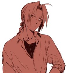 Rule 34 | 1boy, braid, edward elric, expressionless, fullmetal alchemist, long hair, long sleeves, looking at viewer, male focus, monochrome, red theme, riru, simple background, solo, standing, white background