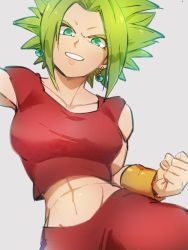 Rule 34 | 1girl, abs, arm at side, bracelet, breasts, clenched hand, clenched teeth, collarbone, crop top, dragon ball, dragon ball super, earrings, fighting stance, fingernails, green eyes, green hair, grey background, grin, jewelry, kefla (dragon ball), kemachiku, large breasts, looking at viewer, midriff, muscular, muscular female, pants, potara earrings, red pants, shiny skin, short hair, short sleeves, sidelocks, simple background, smile, solo, spiked hair, teeth, upper body, v-shaped eyebrows