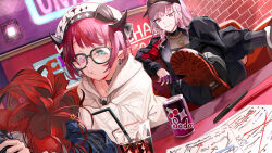 Rule 34 | + +, 3girls, absurdres, baseball cap, beret, blue eyes, can, commentary, crossed legs, cup, drinking glass, drinking straw, earrings, english commentary, glasses, hakos baelz, hat, heterochromia, highres, hololive, hololive english, hood, hooded jacket, horns, irys (hololive), jacket, jewelry, long hair, mixed-language commentary, mori calliope, multiple girls, necklace, paper, pen, pink eyes, pink hair, pointy ears, red eyes, red hair, sitting, symbol-shaped pupils, toro3, virtual youtuber