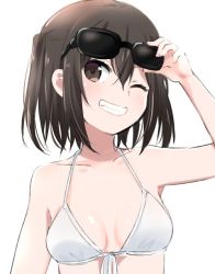 Rule 34 | 10s, 1girl, ;d, arm up, bikini, breasts, brown eyes, brown hair, eyewear on head, front-tie bikini top, front-tie top, grin, hair between eyes, ica, kantai collection, looking away, medium breasts, medium hair, one eye closed, open mouth, sendai (kancolle), simple background, smile, solo, sunglasses, swimsuit, two side up, upper body, white background, white bikini