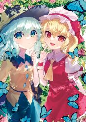 Rule 34 | 2girls, :o, black headwear, blonde hair, blue butterfly, blush, bow, bug, butterfly, buttons, collar, commentary, dappled sunlight, diamond button, dress, eyebrows hidden by hair, fang, finger to cheek, flandre scarlet, floral background, flower, frilled collar, frilled dress, frilled sleeves, frills, green eyes, green hair, green skirt, hair between eyes, hand up, hat, hat bow, highres, index finger raised, insect, komeiji koishi, leaf, long hair, long sleeves, looking at viewer, medium hair, mob cap, multiple girls, neckerchief, open mouth, puffy short sleeves, puffy sleeves, red bow, red dress, red eyes, red flower, red rose, ribbon-trimmed sleeves, ribbon trim, rose, shirt, short sleeves, side ponytail, skirt, smile, sunlight, too many, too many butterflies, touhou, tsukikusa, wavy hair, white collar, white headwear, white shirt, wide sleeves, wing collar, yellow bow, yellow neckerchief, yellow shirt