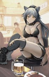 Rule 34 | 1girl, 2others, absurdres, alcohol, animal ears, arknights, bare arms, bare shoulders, beer, beer mug, black choker, black footwear, black shorts, boots, camisole, cat ears, choker, crop top, cup, fad (gfad), grey hair, grey thighhighs, hair between eyes, highres, indoors, long hair, looking at viewer, midriff, mug, multiple others, navel, ponytail, schwarz (arknights), short shorts, shorts, sitting, stomach, strap slip, thighhighs, thighs, yellow eyes
