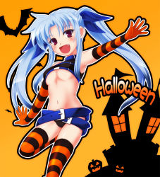 Rule 34 | 1girl, belt, blue hair, breasts, elbow gloves, female focus, gloves, hakkai, halloween, highres, levi the slasher, long hair, lyrical nanoha, midriff, navel, patterned legwear, red eyes, silhouette, solo, striped clothes, striped thighhighs, thighhighs, twintails, two-tone stripes, underboob