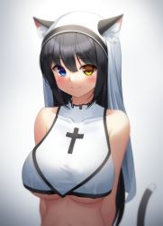 Rule 34 | 1girl, animal ear fluff, animal ears, arms behind back, bad id, bad pixiv id, bare shoulders, black hair, blue eyes, blush, breasts, cat ears, cat girl, cat tail, closed mouth, collarbone, commission, crop top, crop top overhang, cross, ears through headwear, gradient background, grey background, habit, heterochromia, highres, large breasts, long hair, looking at viewer, maemi (maemi12), nun, original, sleeveless, smile, solo, stomach, straight hair, tail, underboob, upper body, very long hair, yellow eyes