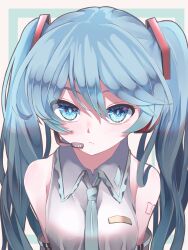 Rule 34 | 1girl, aqua necktie, bare shoulders, blue eyes, blue hair, breasts, close-up, closed mouth, collared shirt, expressionless, eyes visible through hair, from above, grey shirt, hair between eyes, hair ornament, hatsune miku, highres, long hair, looking at viewer, medium breasts, microphone, necktie, shirt, sleeveless, sleeveless shirt, solo, tsune (tune), twintails, upper body, vocaloid