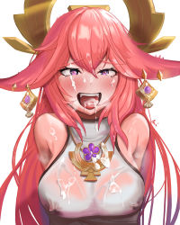 Rule 34 | 1girl, absurdres, animal ears, bare shoulders, blush, breasts, bukkake, covered erect nipples, cum, cum in mouth, cum on clothes, cum on hair, cum on tongue, cumdrip, earrings, facial, fox ears, genshin impact, hair between eyes, headpiece, highres, jewelry, large breasts, long hair, looking at viewer, open mouth, pendant, pink hair, prev/next, purple eyes, see-through, shirt, signature, sleeveless, sleeveless shirt, solo, teeth, upper body, upper teeth only, wet, wet clothes, wet shirt, white background, white shirt, yae miko