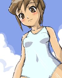 Rule 34 | 00s, 1girl, battle programmer shirase, blush, breasts, brown eyes, brown hair, cloud, covered erect nipples, covered navel, cowboy shot, day, from below, haganemaru kennosuke, light rays, looking at viewer, lowres, oekaki, one-piece swimsuit, outdoors, school swimsuit, short hair, single vertical stripe, sky, small breasts, smile, solo, standing, sunbeam, sunlight, swimsuit, wet, wet hair, white one-piece swimsuit, white school swimsuit, yunoki yoriko