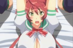 Rule 34 | animated, animated gif, baku ane ~otouto shibocchau zo!~, bed, blush, bouncing breasts, breasts, bursting breasts, green eyes, hayasaki yurine, implied sex, lowres, moaning, open mouth, pink pineapple, pov, red hair, school uniform