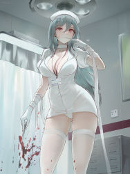 Rule 34 | 1girl, bandaged wrist, bandages, biting, blood, blood splatter, blue hair, breasts, choker, chowbie, cleavage, glove biting, gloves, grey hair, hat, highres, holding scalpel, id card, infirmary, lanyard, large breasts, light blue hair, long hair, looking at viewer, nurse, nurse cap, original, panties, parted lips, red eyes, scalpel, solo, thighhighs, thighs, underwear, white choker, white gloves, white panties, white thighhighs