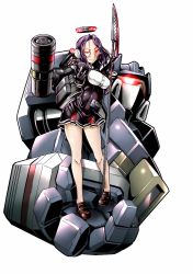 Rule 34 | 1980s (style), 1boy, 1girl, breasts, cannon, crossover, decepticon, full body, glaive (polearm), gloves, glowing, glowing eyes, hair intakes, halo, holding, kamizono (spookyhouse), kantai collection, large breasts, looking at viewer, mecha, mechanical halo, oldschool, personification, polearm, purple hair, red eyes, retro artstyle, robot, school uniform, short hair, simple background, smile, soundwave (transformers), standing, tatsuta (kancolle), transformers, turret, twitter username, uniform, upper body, weapon, white background