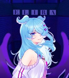 Rule 34 | 1girl, :3, absurdres, blue hair, character name, commentary, elira pendora, elira pendora (1st costume), english commentary, from side, hair over one eye, head wings, highres, long hair, looking at viewer, mole, nijisanji, nijisanji en, off shoulder, one eye covered, overalls, purple overalls, retina frog, smile, solo, sweater, virtual youtuber, white sweater, wings