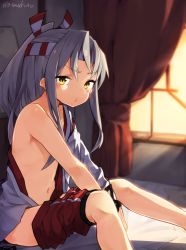 Rule 34 | 10s, 1girl, :t, brown eyes, brown hair, unworn clothes, female focus, headband, japanese clothes, kantai collection, long hair, looking at viewer, navel, ponytail, rimukoro, solo, twitter username, zuihou (kancolle)