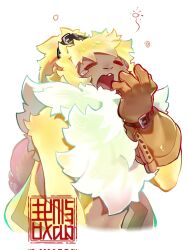 Rule 34 | body fur, brown gloves, closed eyes, corrupted twitter file, digimon, digimon (creature), gloves, highres, open mouth, simple background, single tear, sleepy, solo, symbareangoramon, teeth, tongue, upper teeth only, white background, white fur, yawning, yellow fur, youzaiyouzai112