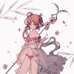 Rule 34 | 1girl, animal ears, antenna hair, arknights, bevelled mirror, bikini, breasts, brown hair, cleavage, cowboy shot, eyjafjalla (arknights), eyjafjalla (summer flower) (arknights), flower, hair flower, hair ornament, hand up, highres, holding, holding staff, horns, looking at viewer, navel, off-shoulder bikini, off shoulder, official alternate costume, pink bikini, pink eyes, pink flower, sarong, sheep ears, sheep girl, sheep horns, simple background, small breasts, solo, staff, stomach, swimsuit, white background, white sarong