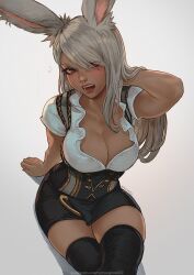 Rule 34 | 1girl, animal ears, black footwear, blush, breasts, cleavage, crossed legs, curvy, dark-skinned female, dark skin, final fantasy, final fantasy xiv, grey hair, highres, large breasts, long hair, looking at viewer, magion02, open mouth, original, rabbit ears, red eyes, sitting, solo, thick thighs, thighs, warrior of light (ff14)