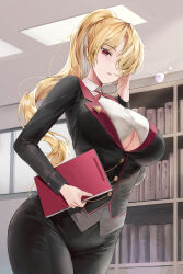 Rule 34 | 1girl, absurdres, black jacket, black pants, blazer, blonde hair, breasts, buttons, chain, clothing cutout, collared shirt, cowboy shot, dress shirt, folder, hair over one eye, hand up, highres, holding, holding folder, jacket, large breasts, lillly, long hair, long sleeves, looking at viewer, monocle chain, neckerchief, novel illustration, official art, original, pants, parted lips, ponytail, red eyes, shirt, solo, standing, taut clothes, taut shirt, underboob, underboob cutout, undershirt, white shirt, wing collar