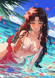 Rule 34 | 1girl, bare shoulders, beach, bikini, black hair, blue sky, blush, bracelet, braid, breasts, chest tattoo, cleavage, facial mark, fate/grand order, fate (series), flower, forehead mark, gogatsu fukuin, hair flower, hair ornament, highres, jewelry, large breasts, long hair, looking at viewer, lotion bottle, multicolored hair, navel, necklace, ocean, palm leaf, parted bangs, pearl bracelet, pearl necklace, petals, pink hair, sarong, sessyoin kiara, sessyoin kiara (swimsuit mooncancer), sessyoin kiara (swimsuit mooncancer) (first ascension), shell, shell necklace, shore, sky, smile, solo, streaked hair, swimsuit, tattoo, thighs, twin braids, underboob, very long hair, white bikini, yellow eyes
