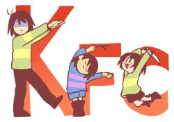 Rule 34 | 3others, androgynous, blouse, blue shirt, bob cut, brown hair, chara (undertale), deltarune, frisk (undertale), green shirt, jumping, kfc, kris (deltarune), multiple others, other focus, red eyes, shaded face, shirt, short hair, standing, standing on one leg, striped clothes, striped shirt, ukiyo199, undertale