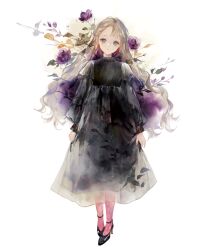 Rule 34 | 1girl, arms at sides, black dress, black footwear, closed mouth, commentary, dress, expressionless, flower, full body, grey eyes, grey hair, head tilt, high heels, highres, long dress, long hair, long sleeves, looking at viewer, niwa haruki, original, pantyhose, parted bangs, pink pantyhose, purple flower, see-through, see-through dress, sidelocks, simple background, solo, straight-on, symbol-only commentary, white background