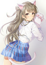 Rule 34 | 10s, 1girl, animal ears, animal hands, blush, brown eyes, cat day, cat ears, cat tail, closed mouth, cowboy shot, from behind, gloves, grey hair, highres, long hair, long sleeves, looking at viewer, looking back, love live!, love live! school idol project, minami kotori, one side up, paw gloves, plaid, plaid skirt, school uniform, shirt, signature, skirt, smile, solo, tail, white shirt, yana mori