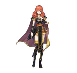 Rule 34 | 1girl, absurdres, alternate costume, armor, armored boots, black armor, boots, breastplate, cape, celica (fire emblem), celica (warrior princess) (fire emblem), celica (warrior princess) (resplendent) (fire emblem), closed mouth, commentary request, dress, feather trim, fingernails, fire emblem, fire emblem echoes: shadows of valentia, fire emblem heroes, full body, fur trim, gold trim, hand on own chest, hand up, highres, kiyu (zuyu), light smile, lips, long hair, looking at viewer, nintendo, official art, pelvic curtain, red eyes, red hair, sheath, sheathed, shiny skin, short dress, shoulder armor, sleeveless, standing, sword, thighhighs, vambraces, weapon, white background
