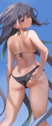 Rule 34 | 1girl, absurdres, adjusting clothes, adjusting swimsuit, ass, back, bikini, black bikini, black hair, blue background, breasts, butt crack, commentary request, day, flat ass, from behind, gradient hair, green hair, halterneck, highres, kneepits, long hair, looking at viewer, looking back, medium breasts, multicolored hair, original, red eyes, seicoh, side-tie bikini bottom, sideboob, solo, standing, swimsuit, two-tone hair, very long hair, wet, wet clothes, wet swimsuit