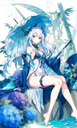 Rule 34 | 1girl, bare legs, barefoot, blue eyes, blue flower, blue sleeves, blurry, blurry foreground, breasts, cleavage, detached sleeves, feet, floating hair, flower, foot out of frame, gefujin, hair between eyes, hat, hat flower, highres, holding, hydrangea, knees together feet apart, legs, long hair, long sleeves, looking at viewer, medium breasts, oil-paper umbrella, original, parted lips, sideboob, solo, thigh strap, toes, umbrella, very long hair, weapon, white hair