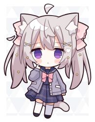 Rule 34 | 1girl, ahoge, animal ears, black footwear, blue sailor collar, blue serafuku, blue shirt, blue skirt, blush stickers, bow, cardigan, cat ears, cat girl, cat tail, chibi, closed mouth, commentary request, full body, grey cardigan, grey hair, hair ornament, hair ribbon, hairclip, hand up, highres, long sleeves, looking at viewer, nakkar, open cardigan, open clothes, original, pink bow, pink ribbon, pleated skirt, puffy long sleeves, puffy sleeves, ribbon, sailor collar, school uniform, serafuku, shirt, shoes, skirt, sleeves past wrists, solo, standing, star (symbol), star hair ornament, tail, thighhighs, twintails, twitter username, watermark, white thighhighs, x hair ornament