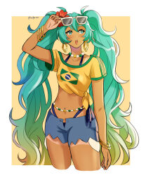 absurdres aqua_eyes aqua_hair arm_up artist_name bead_choker belly_chain bikini bikini_under_clothes blue_bikini blue_shorts border borrowed_design bracelet brazilian_flag_print brazilian_miku collarbone commentary cowboy_shot cropped_legs denim denim_shorts exposed_pocket eyewear_on_head flower hair_flower hair_ornament hatsune_miku hibiscus highres jewelry long_hair looking_to_the_side melodymiisafer multiple_bracelets navel navel_piercing open_clothes open_mouth open_shorts piercing rectangular_earrings red_flower shirt short_sleeves shorts side-tie_bikini_bottom simple_background standing sunglasses swimsuit tan tanline tied_shirt twintails very_long_hair vocaloid wavy_hair white_border yellow_background