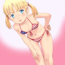 Rule 34 | 1girl, american flag bikini, american flag print, bikini, blonde hair, blue eyes, blush, body blush, breasts, collarbone, flag print, hand on own hip, hand on own knee, leaning forward, looking at viewer, meow (nekodenki), navel, open mouth, original, print bikini, short hair, simple background, small breasts, smile, solo, swimsuit, twintails
