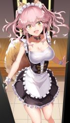 Rule 34 | 1girl, :d, alternate costume, animal ear fluff, animal ears, apron, bare arms, bare shoulders, black choker, black dress, blush, breasts, choker, cleavage, commentary request, cowboy shot, door, dress, enmaided, fang, fate/extra, fate (series), fox ears, fox tail, frilled apron, frills, from above, hair between eyes, highres, indoors, large breasts, looking at viewer, maid, maid apron, moruchi (rinaka moruchi), official alternate costume, open mouth, petticoat, pink hair, short dress, short hair, smile, solo, standing, tail, tamamo (fate), tamamo no mae (fate/extra), tamamo no mae (tailmaid strike) (fate), thighs, twintails, waist apron, white apron, wrist cuffs, yellow eyes