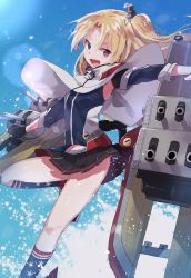 Rule 34 | 1girl, american flag, american flag legwear, american flag print, armpits, azur lane, black gloves, black skirt, blonde hair, breasts, capelet, cleveland (azur lane), fingerless gloves, flag print, gloves, jacket, long hair, makino (727me727), multicolored clothes, multicolored legwear, one side up, open mouth, panties, parted bangs, pleated skirt, red eyes, rigging, side-tie panties, skirt, small breasts, socks, solo, underwear, water, white capelet