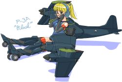 Rule 34 | 1girl, aircraft, airplane, bare shoulders, blonde hair, blush, character name, elbow gloves, glasses, gloves, green eyes, hands on own cheeks, hands on own face, headset, kagami mochi, lockheed p-3, long hair, mecha musume, military, nanashi (7th exp), one-piece swimsuit, original, parted lips, personification, ponytail, school swimsuit, shadow, sitting, solo, swimsuit, wheel