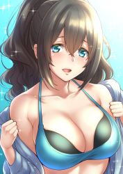 Rule 34 | 1girl, bare shoulders, bikini, bikini top only, black hair, blue background, blue bikini, blue eyes, blue jacket, blush, breasts, cleavage, collarbone, commentary request, gradient background, hair between eyes, highres, idolmaster, idolmaster cinderella girls, jacket, large breasts, long hair, looking at viewer, off shoulder, open clothes, open jacket, open mouth, ponytail, sagisawa fumika, shouji nigou, smile, solo, sparkle, swimsuit