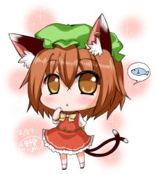 Rule 34 | 1girl, animal ears, bad id, bad pixiv id, blush, brown eyes, brown hair, cat ears, cat tail, chen, chibi, commentary request, dress, earrings, fish, frills, hand on own face, hat, jewelry, mob cap, multiple tails, nekomata, noai nioshi, red skirt, shoes, short hair, short sleeves, single earring, skirt, skirt set, socks, solo, sparkle, tail, thinking, touhou, two tails