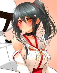 Rule 34 | 10s, 1boy, 1girl, :o, admiral (kancolle), alternate hairstyle, bare shoulders, black hair, blush, breasts, choker, cleavage, collarbone, detached sleeves, embarrassed, gloves, hair ornament, hairclip, hand on another&#039;s shoulder, haruna (kancolle), heart, heart-shaped pupils, highres, kantai collection, large breasts, long hair, looking at another, military, military uniform, nontraditional miko, orange eyes, ponytail, ribbon-trimmed sleeves, ribbon trim, sideboob, sidelocks, swept bangs, symbol-shaped pupils, tsukui kachou, uniform, upper body, white gloves