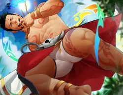 Rule 34 | 1boy, abs, alternate costume, anklet, bara, black hair, blue eyes, bulge, facial hair, finger in own mouth, from below, gyee, itto (mentaiko), jewelry, large pectorals, looking at viewer, male focus, male underwear, manly, muscular, navel, nipples, pectorals, priapus (gyee), revealing clothes, smile, solo, tattoo, thick thighs, thighs, topless male, underwear, upper body