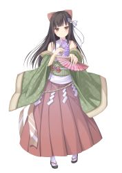 Rule 34 | 1girl, absurdres, bare shoulders, black hair, blunt bangs, blush, bow, breasts, brown bow, brown eyes, closed mouth, crescent, crescent hair ornament, detached sleeves, folding fan, foreshortening, full body, hair bow, hair ornament, hair ribbon, hakama, hakama skirt, half-closed eyes, hand fan, highres, holding, holding fan, japanese clothes, large breasts, leanbox, light smile, long hair, looking at viewer, original, pigeon-toed, purple ribbon, red hakama, ribbon, sandals, sasakura momiji, sash, shide, simple background, skirt, smile, socks, solo, standing, white background, white socks, wide sleeves