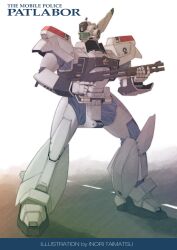 Rule 34 | 90mm riot cannon, artist name, assault visor, av-98 ingram unit 2, cannon, commentary request, copyright name, gun, highres, holding, holding gun, holding weapon, inori taimatsu, kidou keisatsu patlabor, legs apart, license plate, looking to the side, mecha, no humans, police, pump-action shotgun, road, robot, science fiction, shotgun, simple background, solo, standing, trigger discipline, weapon, white background
