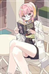 Rule 34 | 1girl, absurdres, book, closed mouth, colored inner hair, commentary, commission, commissioner upload, crossed legs, dune (series), english commentary, glasses, hair ornament, hairclip, highres, holding, holding book, jacket, long hair, multicolored hair, nijisanji, nijisanji en, on chair, pink hair, reading, red eyes, rosemi lovelock, rosemi lovelock (3rd costume), sitting, solo, tyuna 24, virtual youtuber, white jacket