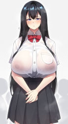 Rule 34 | 1girl, black hair, black skirt, blue eyes, blush, bow, bowtie, breasts, collared shirt, commentary request, cowboy shot, flying sweatdrops, highres, huge breasts, konoshige (ryuun), large areolae, long hair, looking at viewer, mole, no bra, original, pleated skirt, red bow, red bowtie, school uniform, schoolgirl (konoshige), see-through, shirt, short sleeves, skirt, solo, steam, steaming body, sweat, wet, wet clothes, white shirt