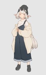 Rule 34 | 1girl, animal ears, beanie, black footwear, black hat, blue eyes, blush, fingers together, full body, goat ears, goat horns, grey background, hat, highres, horns, long sleeves, looking at viewer, mogumo, off shoulder, original, overalls, shirt, shoes, short hair, simple background, smile, solo, standing, swept bangs, turtleneck, white hair, white shirt, wide sleeves