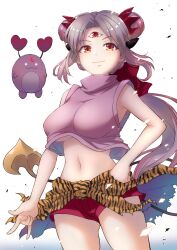 Rule 34 | 1girl, 3x3 eyes, \m/, animal print, ayanokouji pai, ayanokouji pai (cosplay), blush, breasts, clenched hand, closed mouth, commentary request, cosplay, cowboy shot, creature, crop top, demon horns, demon tail, glowing, glowing eyes, gradient hair, grey hair, highres, honey strap, horns, jyaco, large breasts, long hair, looking at viewer, medium bangs, midriff, multicolored hair, nanashi inc., navel, parvati iv, parvati iv (cosplay), pink hair, pink shirt, pointy ears, print cape, red horns, red shorts, shirt, shorts, sidelocks, simple background, sleeveless, sleeveless shirt, smile, solo, suou patra, tail, third eye, tiger print, turtleneck, underboob, virtual youtuber, waist cape, white background
