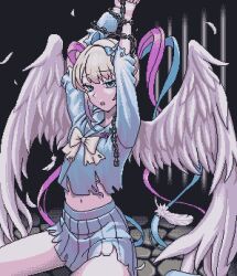 Rule 34 | 1girl, angel wings, arms up, black background, blue bow, blue eyes, blue hair, blue shirt, blue skirt, bound, bound arms, bow, chain, chouzetsusaikawa tenshi-chan, cobblestone, eencya, feathered wings, feathers, grey hair, hair bow, long hair, long sleeves, looking at viewer, multicolored hair, multiple hair bows, navel, needy girl overdose, official art, open mouth, parody request, pink hair, pixel art, pleated skirt, quad tails, school uniform, serafuku, shirt, sitting, skirt, solo, torn clothes, very long hair, white wings, wings, yellow bow
